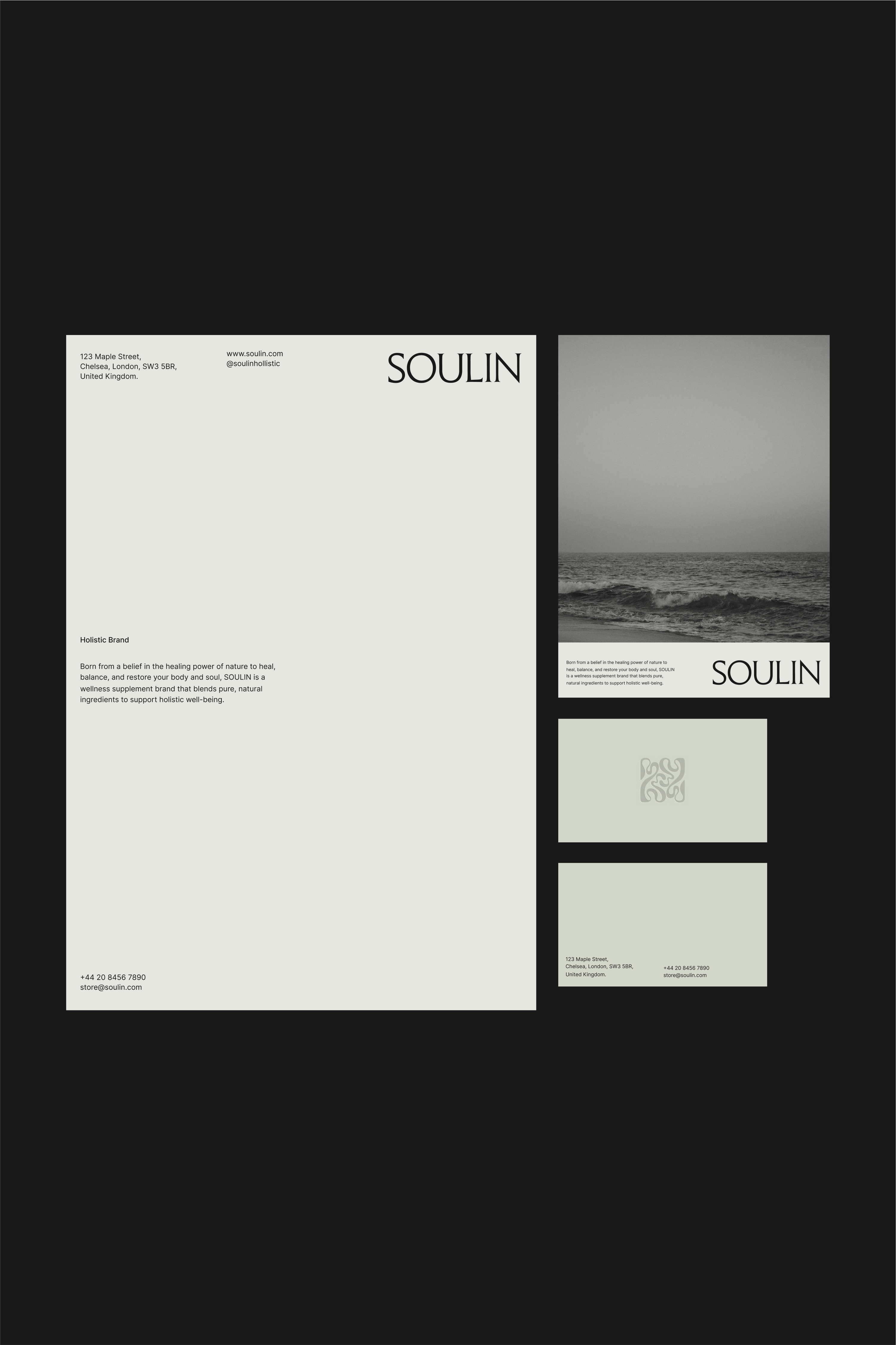 The design is minimalist, clean, and sophisticated, relying heavily on negative space and subtle textures to convey a sense of luxury and calm. The visual language is restrained, focusing on typography and photographic elements to create an elegant and serene brand identity.