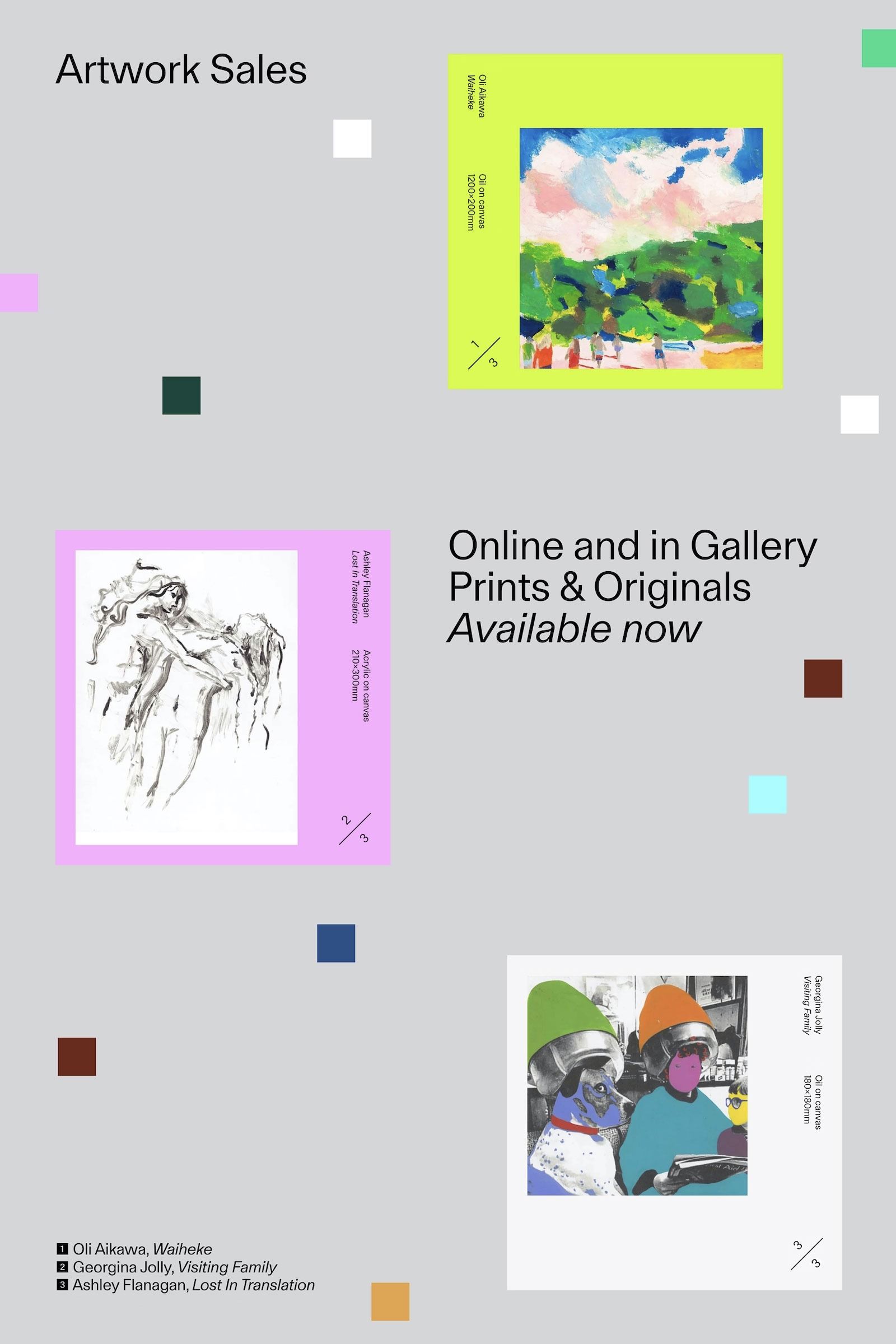 This design features a clean, modern aesthetic utilizing soft pastel tones and ample white space to showcase fine art. The visual language is minimalist, relying on balanced composition and simple typography to prioritize the displayed artworks.