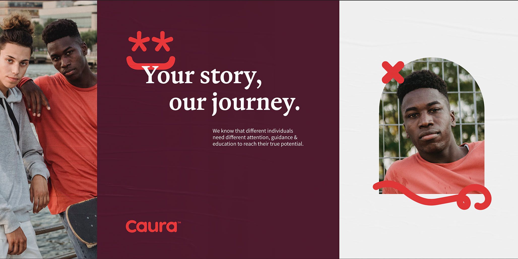 The design features a dark, rich maroon background contrasted with white and orange accents, conveying a professional yet warm tone. The layout is clean, using large typography to emphasize the core message about personal journeys and potential.