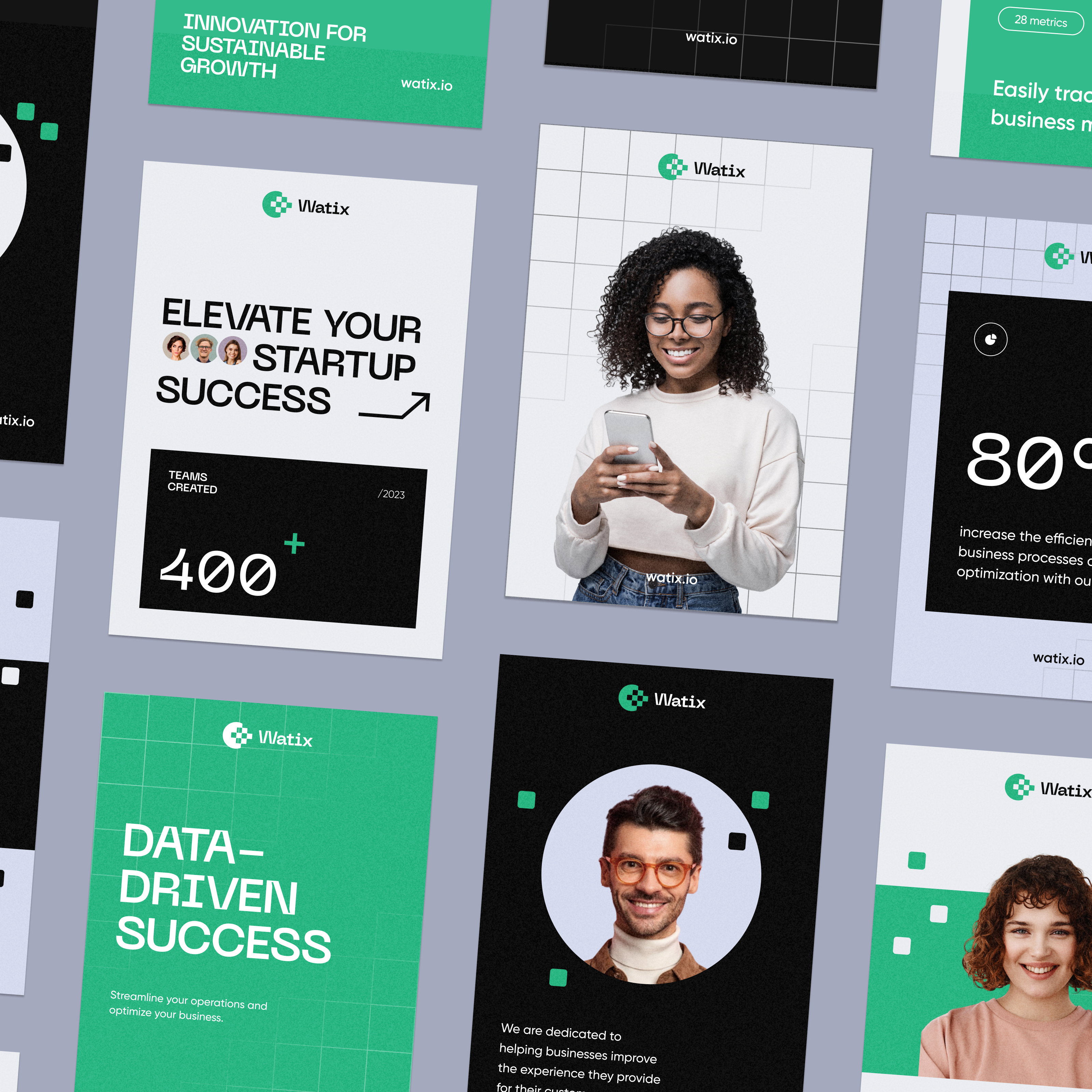 The image displays a collection of modern, clean, and professional-looking marketing or business presentation slides/cards. The design heavily utilizes a white background contrasted with shades of green and dark gray, conveying a sense of innovation and data-driven success.
