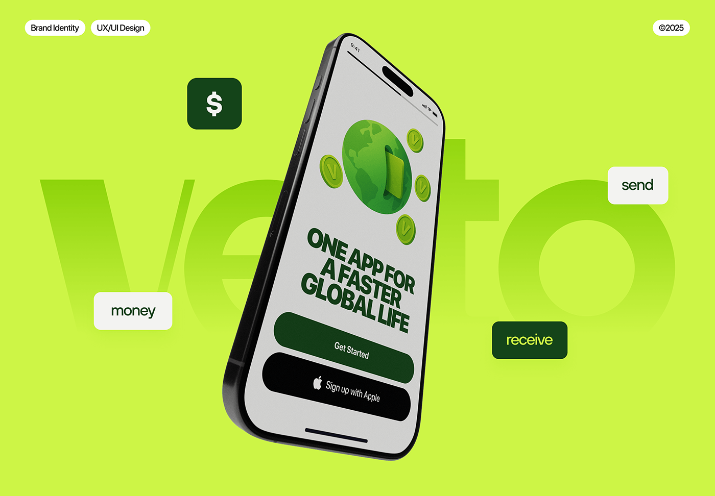 This design utilizes a vibrant, energetic lime green palette to create a modern and optimistic feel. The layout is clean and utilizes negative space effectively to draw attention to the central product mockup and key service features.