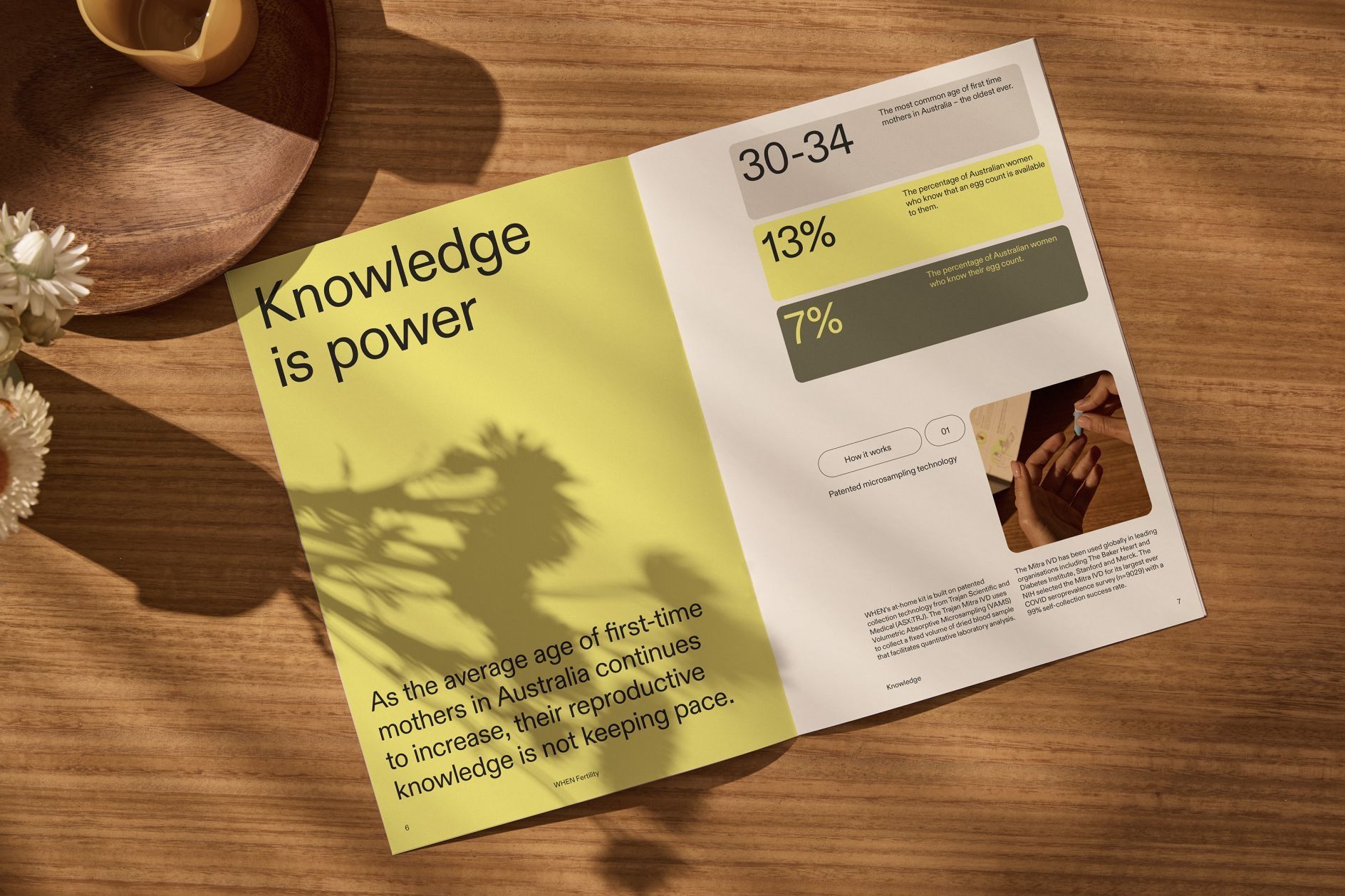 A contemporary editorial design featuring a bold yellow-green cover with minimalist typography paired with a data-driven infographic spread. The layout demonstrates modern print design with strong color blocking, natural lighting, and a sophisticated approach to information visualization.