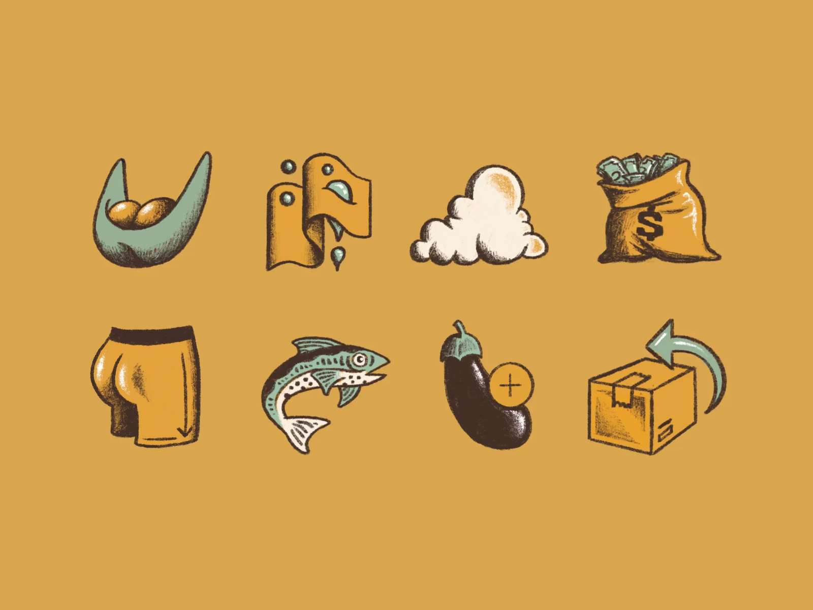 This set of icons utilizes a warm, hand-drawn illustrative style characterized by simple line work and organic shapes. The visual language is charming and slightly rustic, employing a muted palette to create a cohesive collection of small elements.