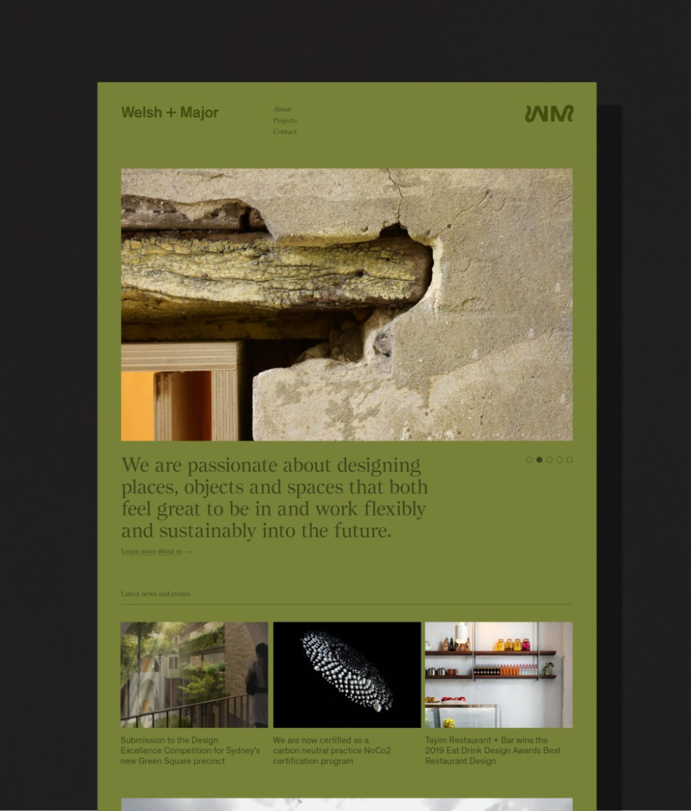 A minimalist design portfolio website featuring a muted sage green background with a striking architectural photograph as the hero image. The layout balances typography and imagery with a clean, contemporary aesthetic that emphasizes sustainability and thoughtful design practice.