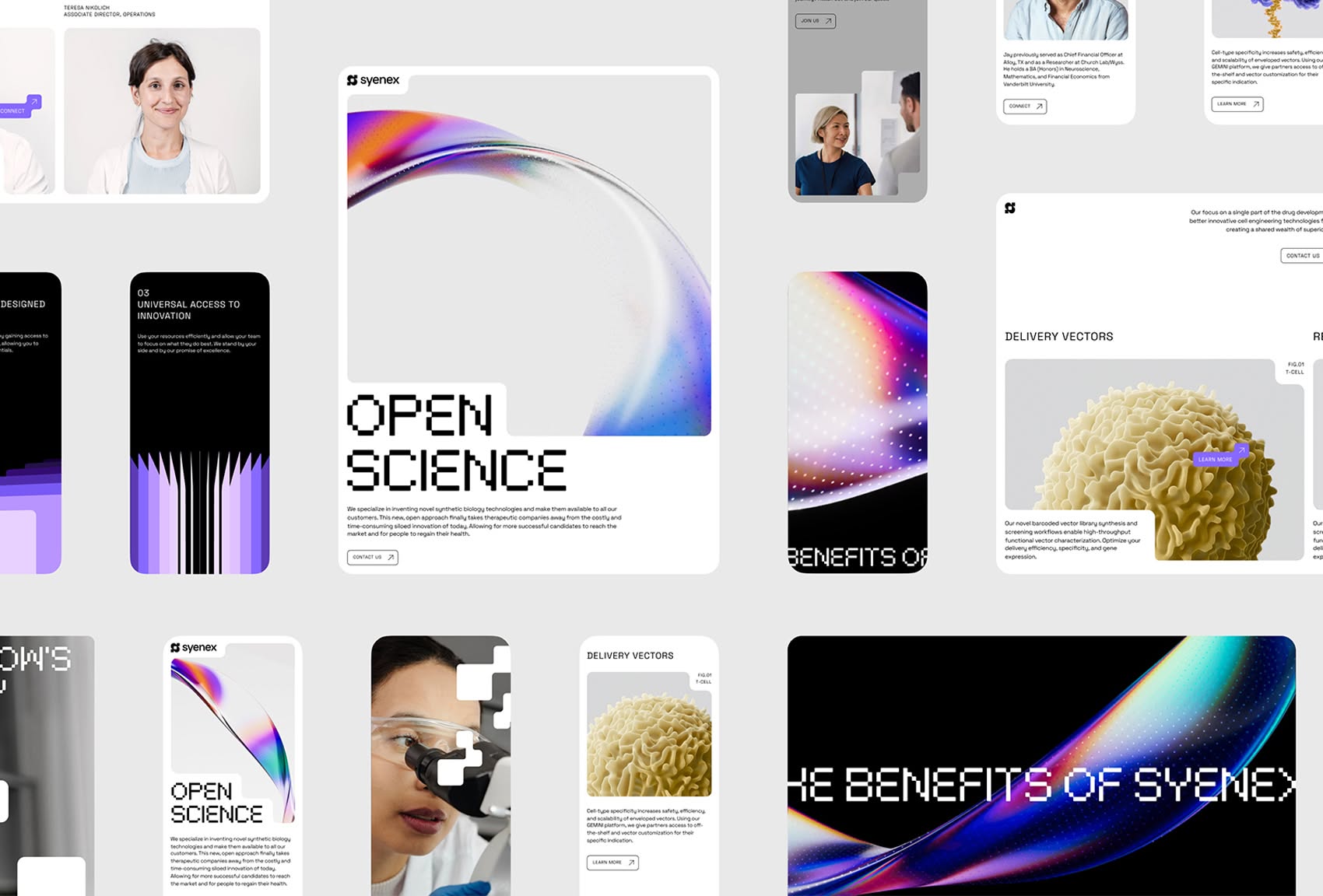 The image displays a clean, modern, and professional interface design, likely for a software or service platform. It utilizes strong gradients and negative space to create a sophisticated visual hierarchy, emphasizing concepts like 'Open Science' through abstract, flowing shapes.