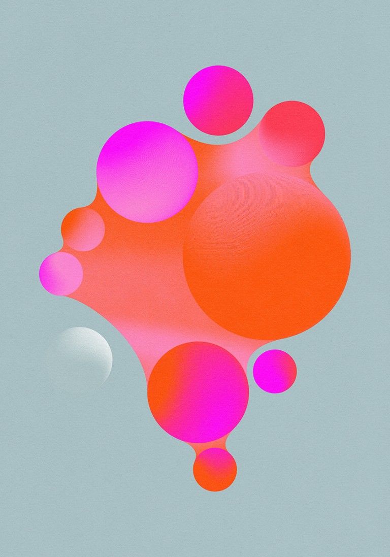 This image showcases a vibrant abstract composition using fluid, organic shapes that resemble paint splashes or liquid marbling. The design effectively uses a warm, energetic color palette contrasted against a cool, muted background to create visual depth and movement.