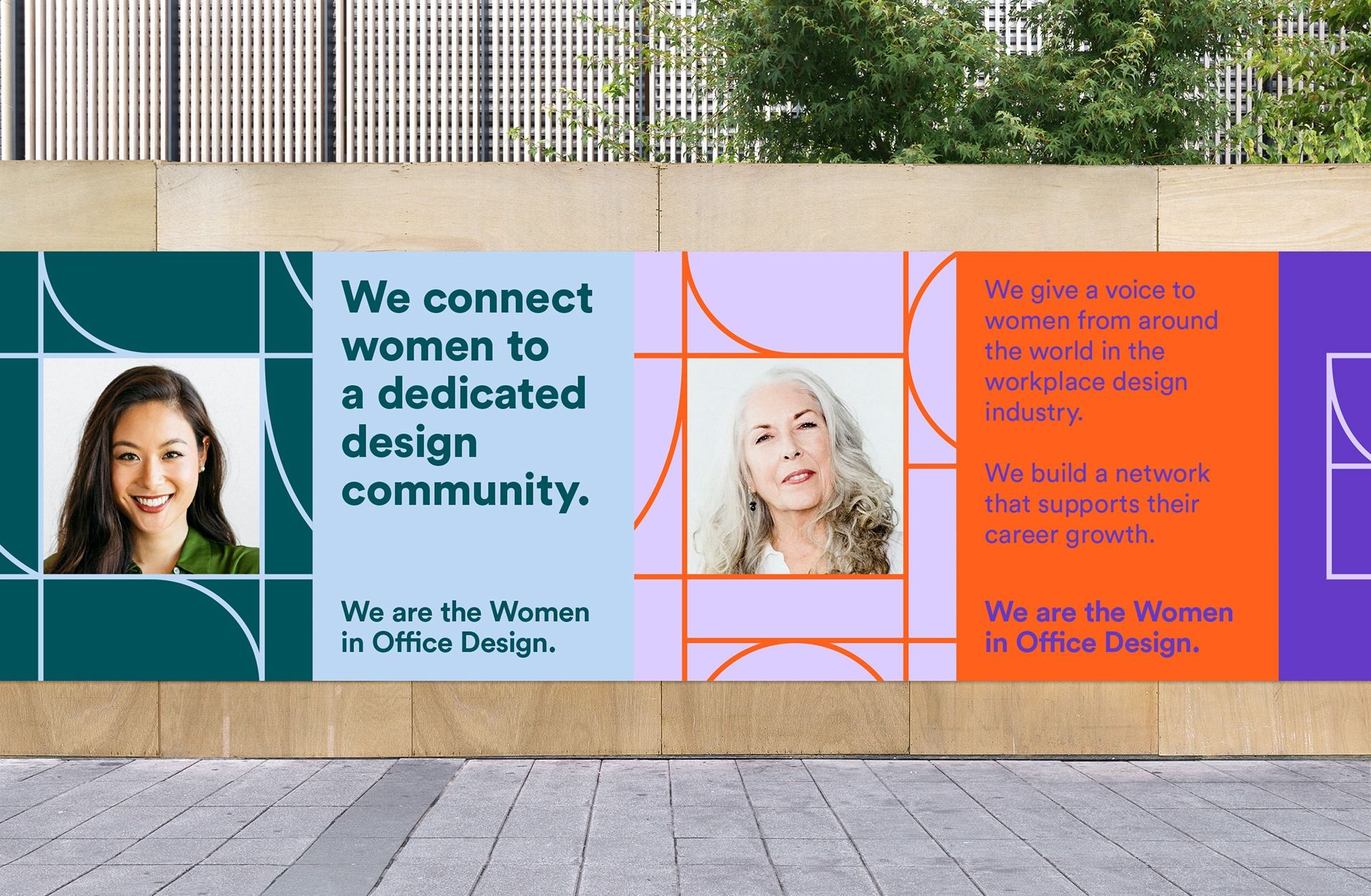 The image features a clean, modern informational graphic with a muted, professional color palette. It uses large blocks of color and clear typography to convey a message about connecting women in the office design industry. The overall feel is professional, supportive, and contemporary.