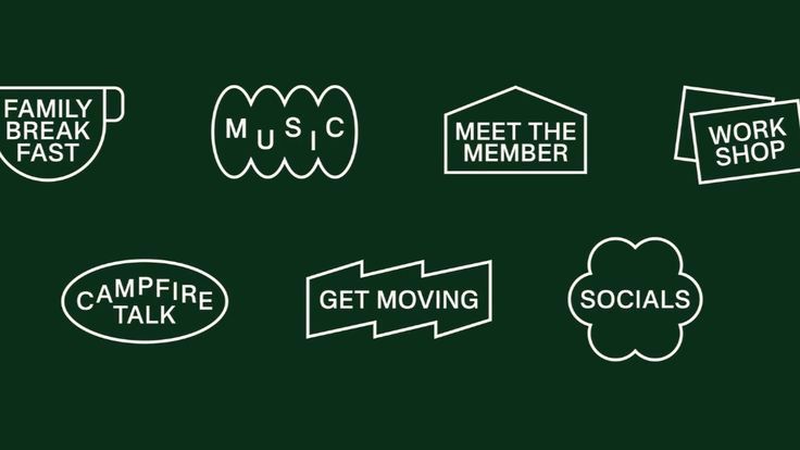 This design utilizes a clean, minimalist line art style to present various activity labels. The visual language is simple and highly readable, relying on high contrast between the white icons and the dark background to create a calm and organized feel.