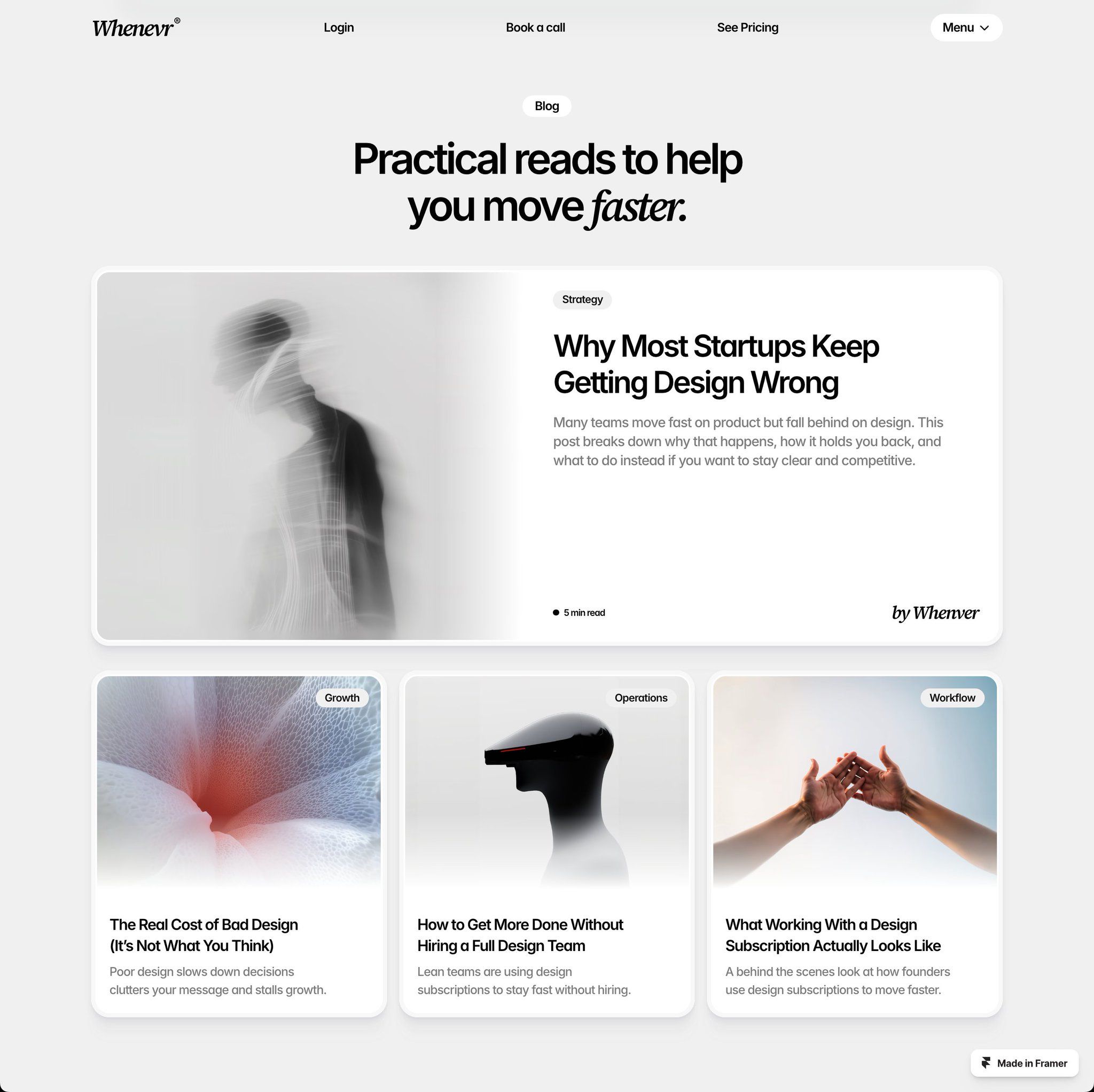 A minimalist blog/content hub interface featuring a clean, modern design with ample whitespace and a sophisticated typographic hierarchy. The layout showcases featured articles with abstract, artistic imagery and a focus on design-related content, employing a professional yet approachable aesthetic.