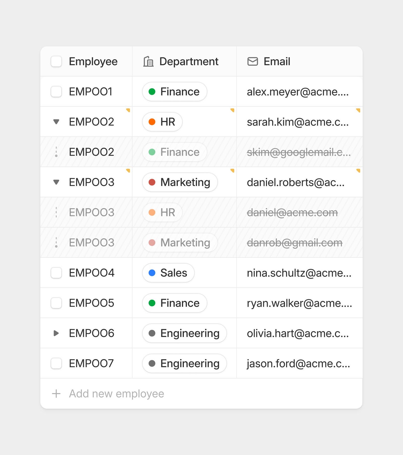 The image displays a clean, minimalist interface for managing employee data, characterized by a clear tabular structure and subtle use of color coding to differentiate departments. The design emphasizes functionality and readability through ample white space.