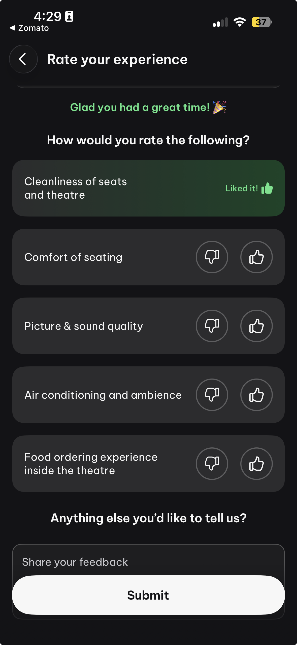 This interface features a clean, modern dark mode design optimized for mobile user experience, focusing on straightforward feedback collection. The visual language is minimalist and functional, using clear list structures and high contrast to ensure usability.