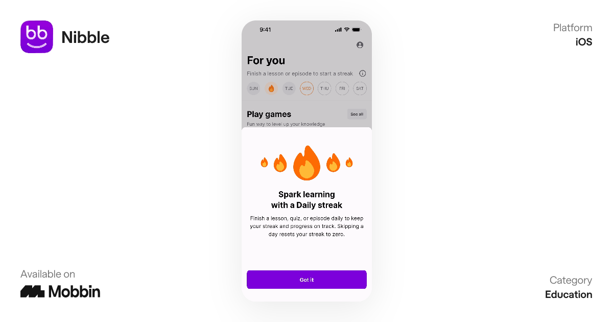 This interface utilizes a clean, minimalist design with ample white space to focus the user on core features and educational concepts. The visual language is modern and approachable, using warm accent colors to highlight key actions and motivating features like the daily streak mechanism. The overall feel is structured, encouraging, and highly focused on habit building.