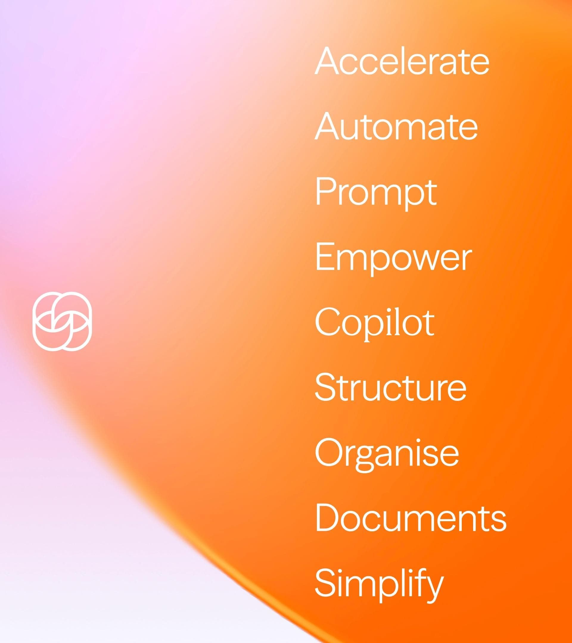 This design features a clean, modern aesthetic utilizing a vibrant diagonal gradient that transitions from soft pink to bright orange. The layout is minimalist, focusing entirely on a vertical list of action-oriented words, creating a sense of clarity and professional energy.