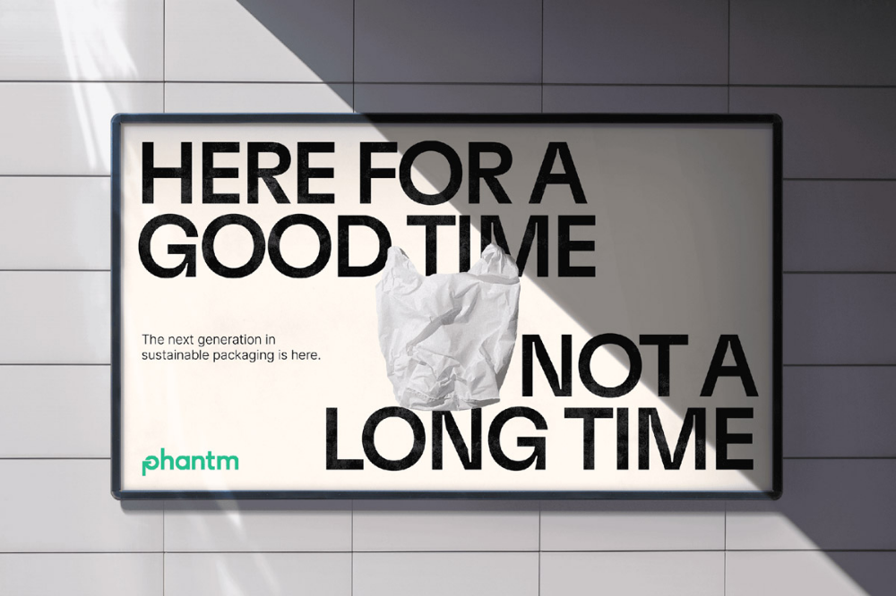 This design utilizes stark, high-contrast typography and a minimalist layout to deliver a bold, declarative message. The visual language relies heavily on negative space and the dramatic interplay between black text and white elements, creating immediate visual impact. The overall feel is modern, confident, and focused on a strong brand statement.