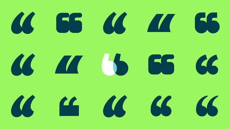 This image presents a grid of abstract, stylized quotation marks rendered in a solid dark teal against a vibrant lime green background. The design emphasizes clean lines, geometric shapes, and varied forms of the same motif to explore typographic or symbolic variations.
