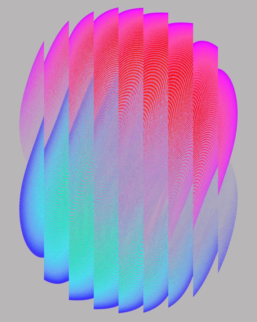 This image features a vibrant, radial composition of vertical, elongated shapes that create a sense of texture and depth through color gradients. The design utilizes smooth transitions between cool blues/cyans and warm magentas/reds, resulting in a modern, almost organic or wave-like visual rhythm.