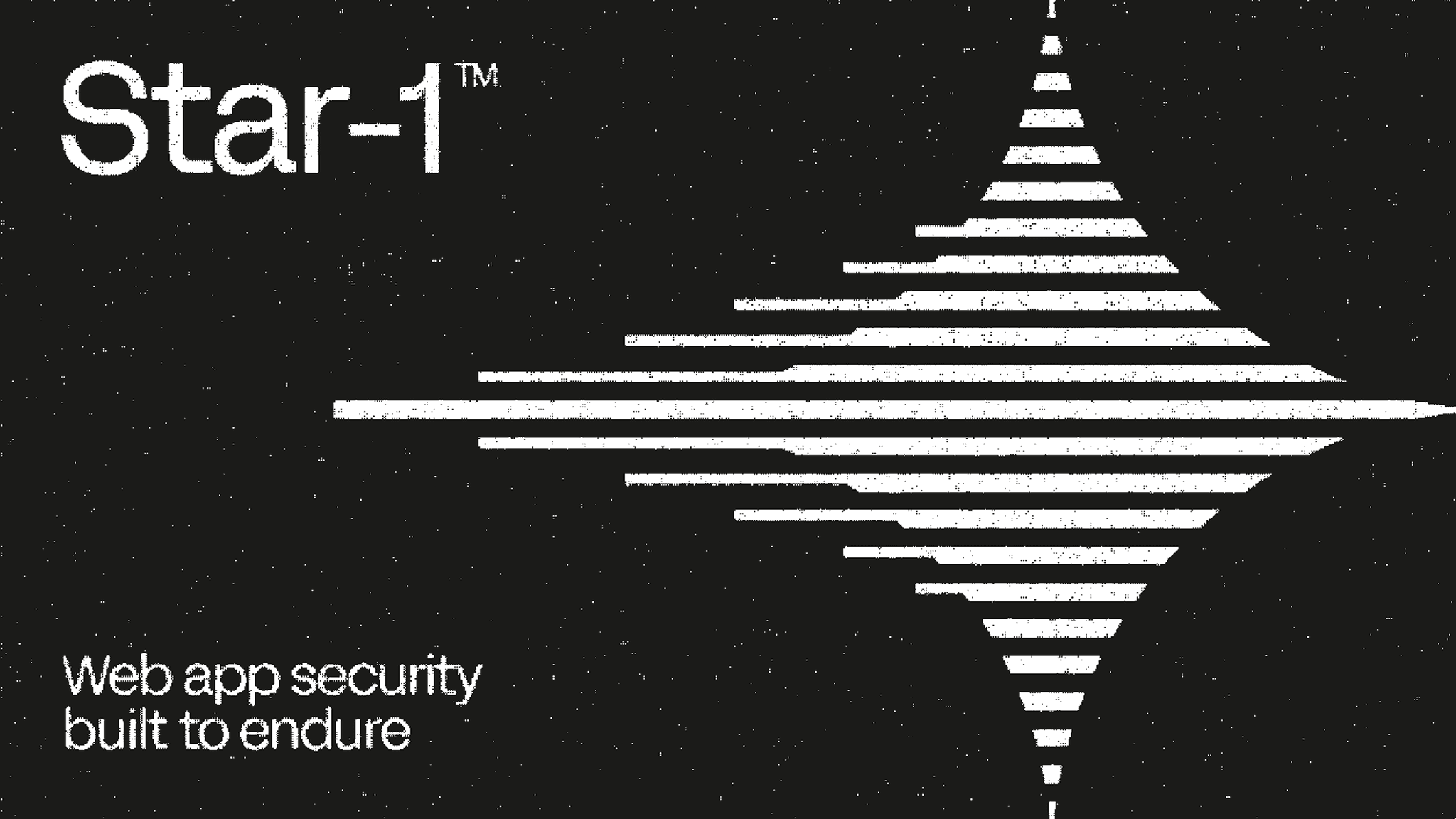 The design is stark and minimalist, utilizing high contrast between white lines and a dark background to convey a sense of technical strength and endurance. The visual language relies on geometric patterns, specifically radiating lines, to suggest stability and resilience.
