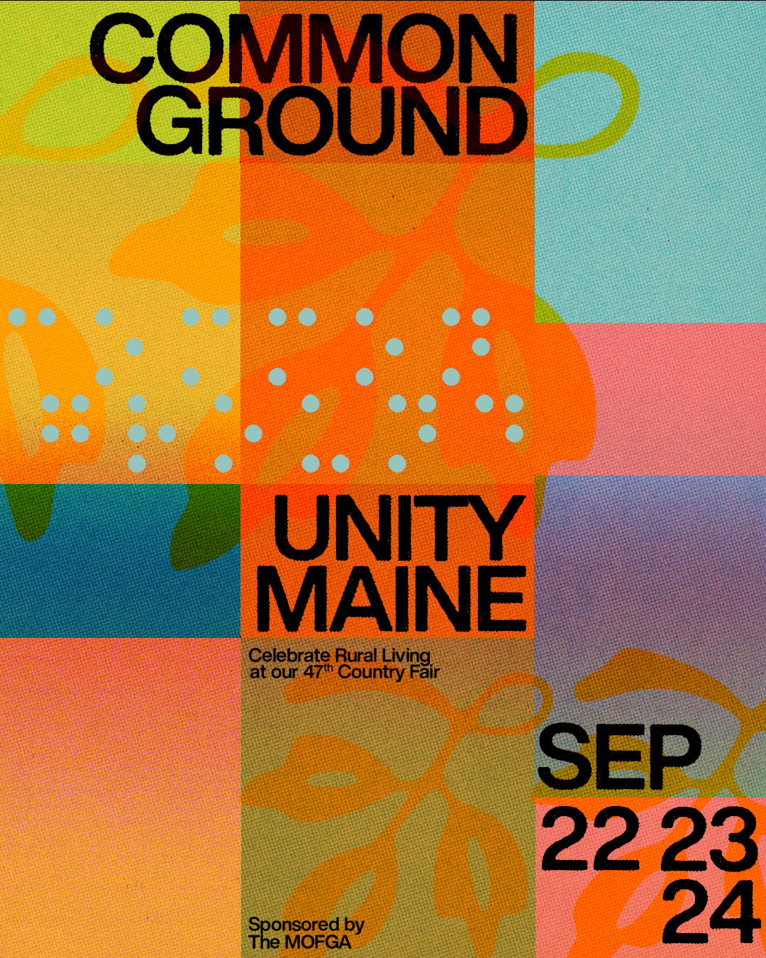 A vibrant, modernist poster featuring bold geometric shapes and a striking color-blocked composition. The design employs a playful, abstract visual language with overlapping organic and rectangular forms that create dynamic visual tension. The overall aesthetic is contemporary and energetic, celebrating community and rural living through its expressive use of color and form.