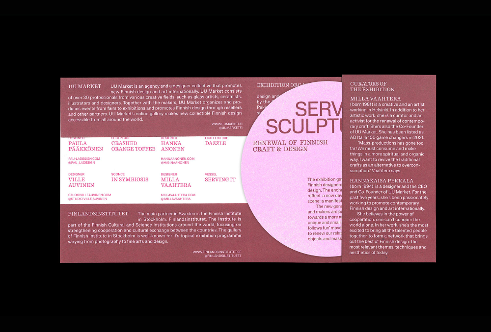 The image presents a clean, professional layout typical of an exhibition or gallery program, utilizing a stark contrast between white space and deep magenta/pink accents. The design is structured to clearly present information about an artist or exhibition, conveying a sense of curated sophistication and academic rigor.