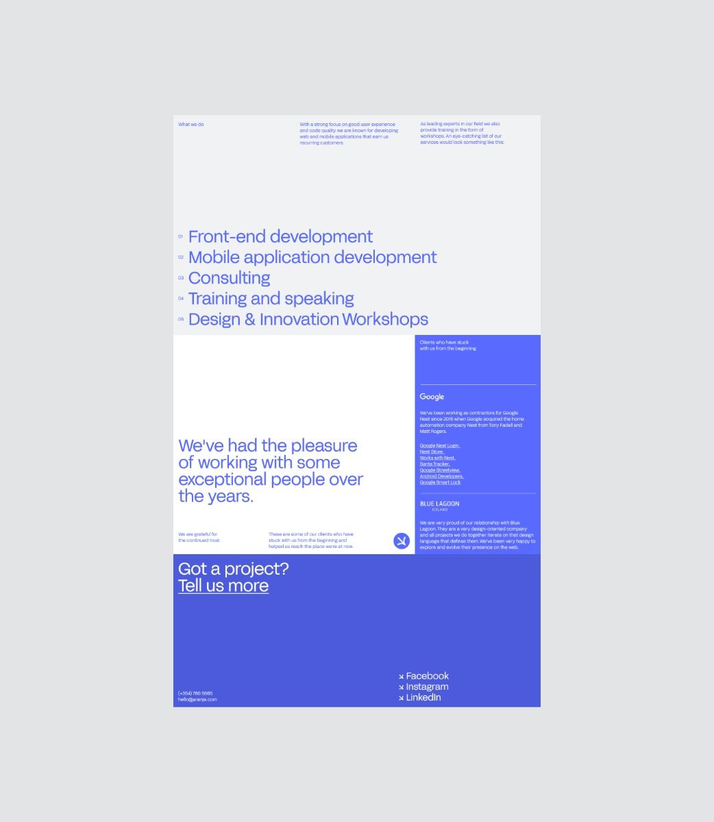 The design is clean, minimalist, and professional, utilizing a strong blue color palette to convey trust and competence. The layout is simple and text-heavy, focusing on clear service offerings and a direct call to action.