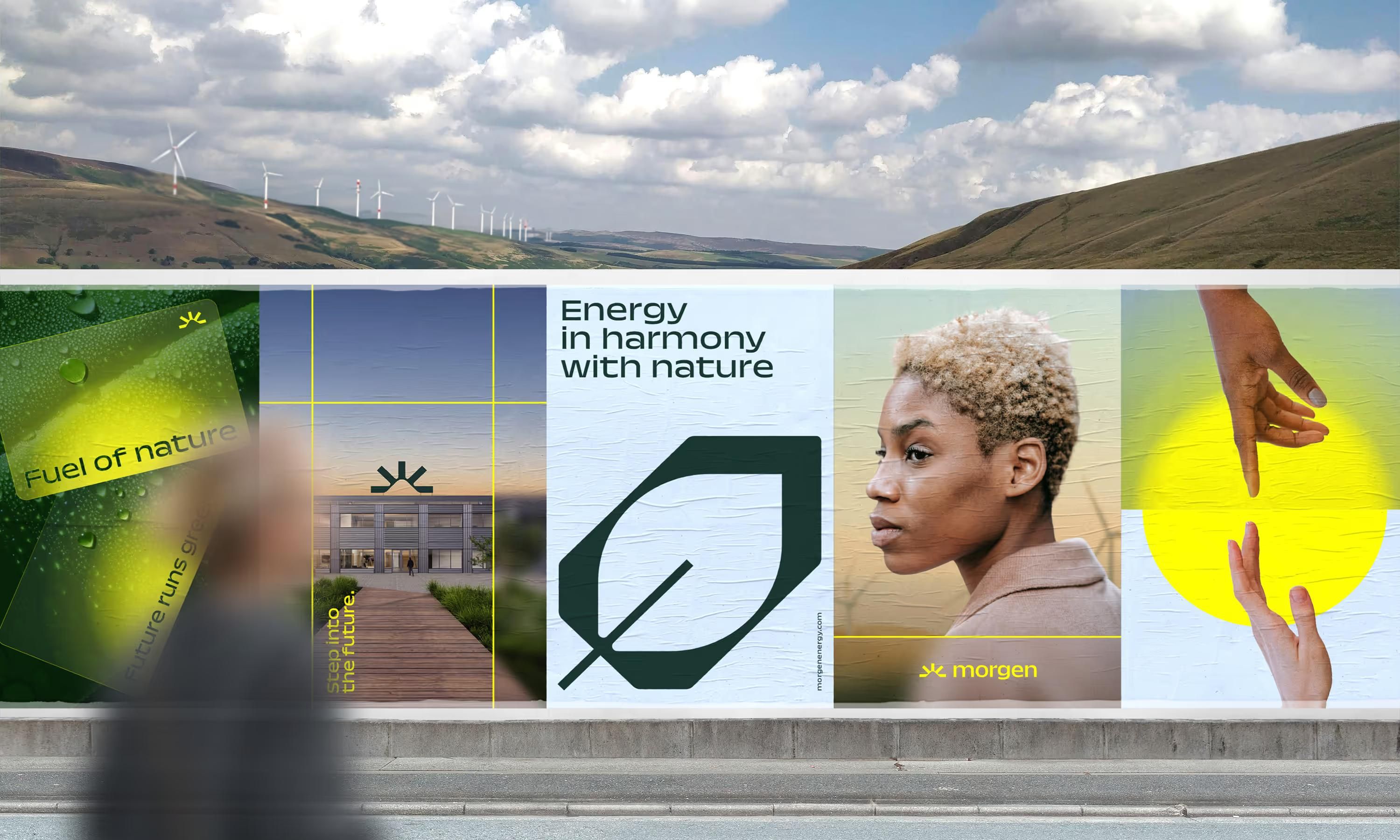 This is a clean, modern, and environmentally focused visual display, likely for an energy or sustainability initiative. It uses a grid layout to present distinct concepts—fuel, nature harmony, and human interaction—with a minimalist aesthetic.
