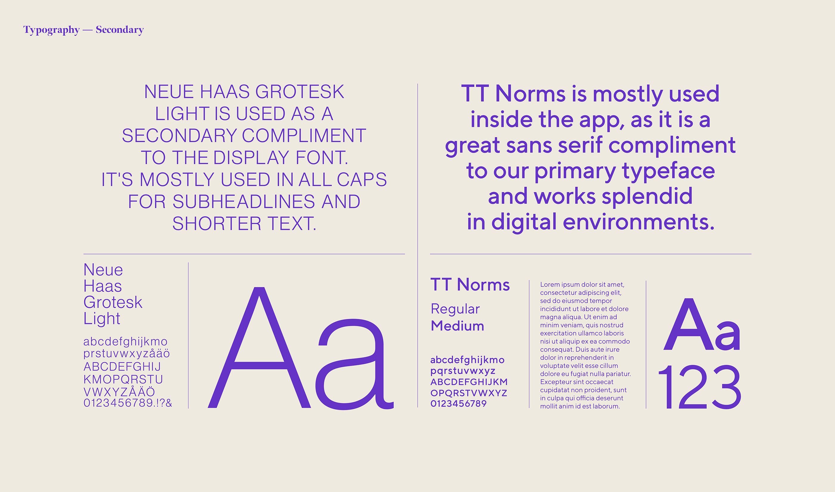 A clean, minimalist typography specimen sheet showcasing Neue Haas Grotesk Light and TT Norms typefaces. The design uses a soft beige background with purple text, presenting font characteristics through large letterforms, detailed descriptions, and systematic information hierarchy.