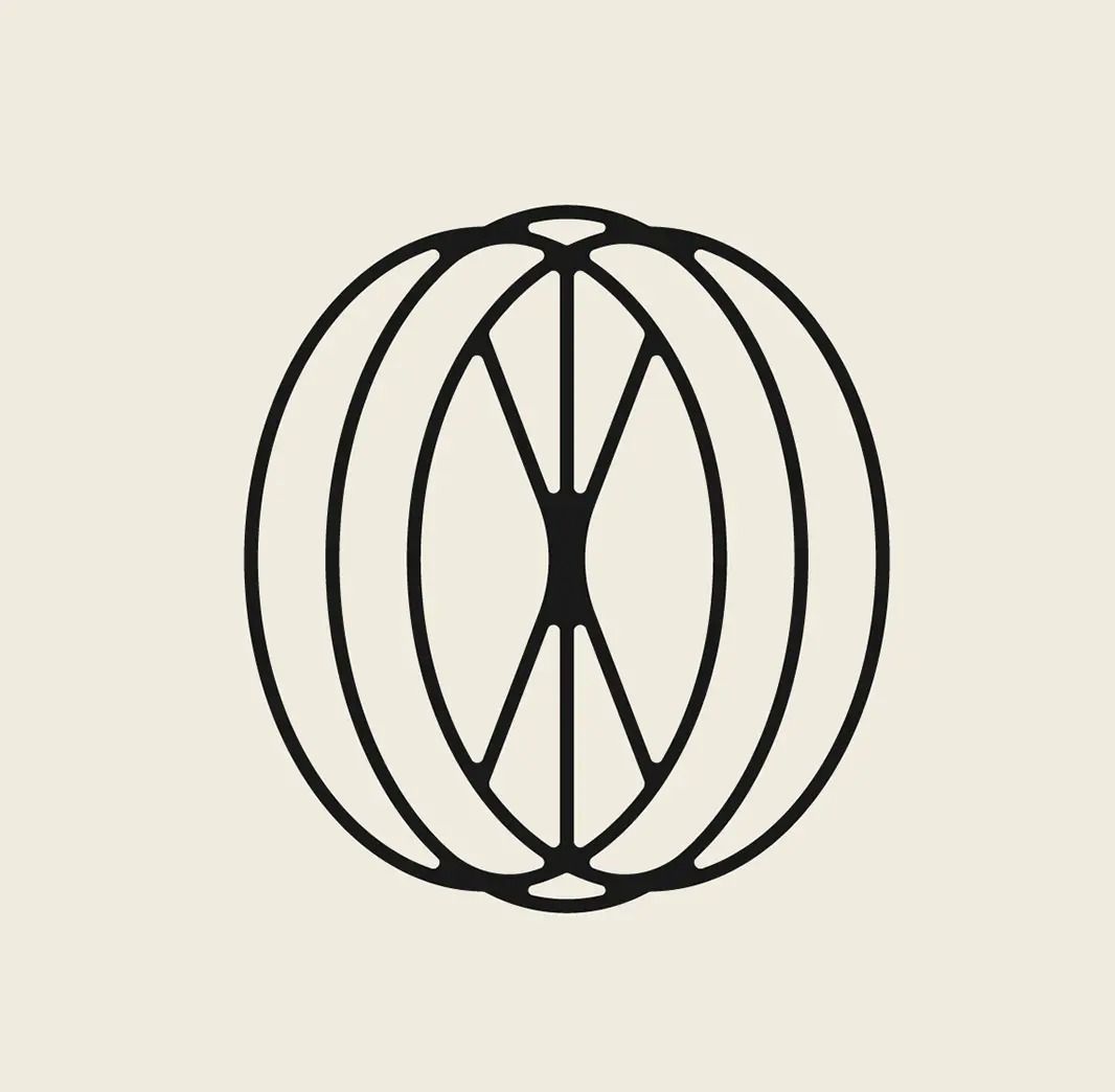 This is a minimalist, abstract line art design featuring an interconnected, circular motif that suggests organic growth or a stylized cellular structure. The clean lines create a sense of balance and intricate pattern within a simple, contained shape.