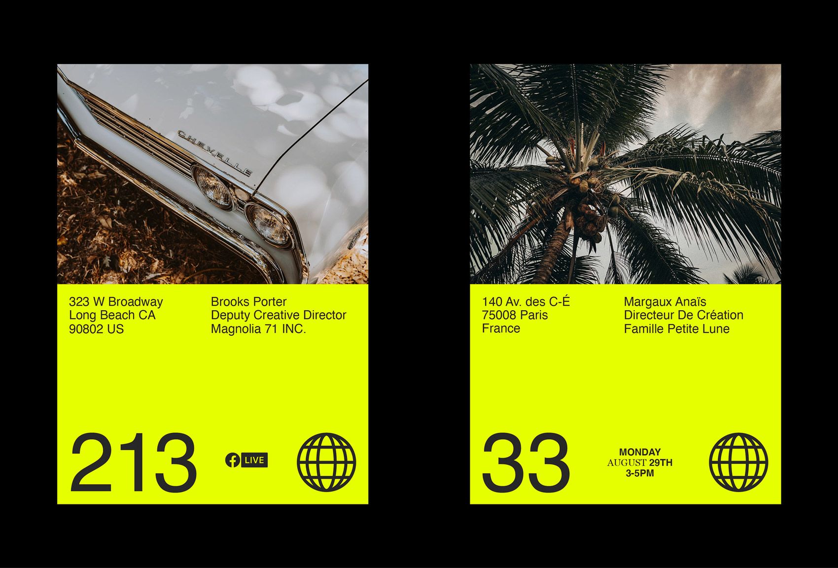 A contemporary design system featuring paired photographic cards with bold neon yellow information blocks. The layout combines documentary-style imagery with modernist typography and a striking color contrast, creating a professional yet vibrant visual language.