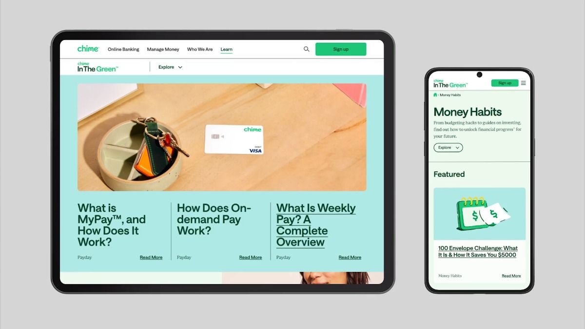 The interface presents a clean, modern, and professional online banking application design. It utilizes ample white space and soft pastel accents to create an inviting yet trustworthy user experience.