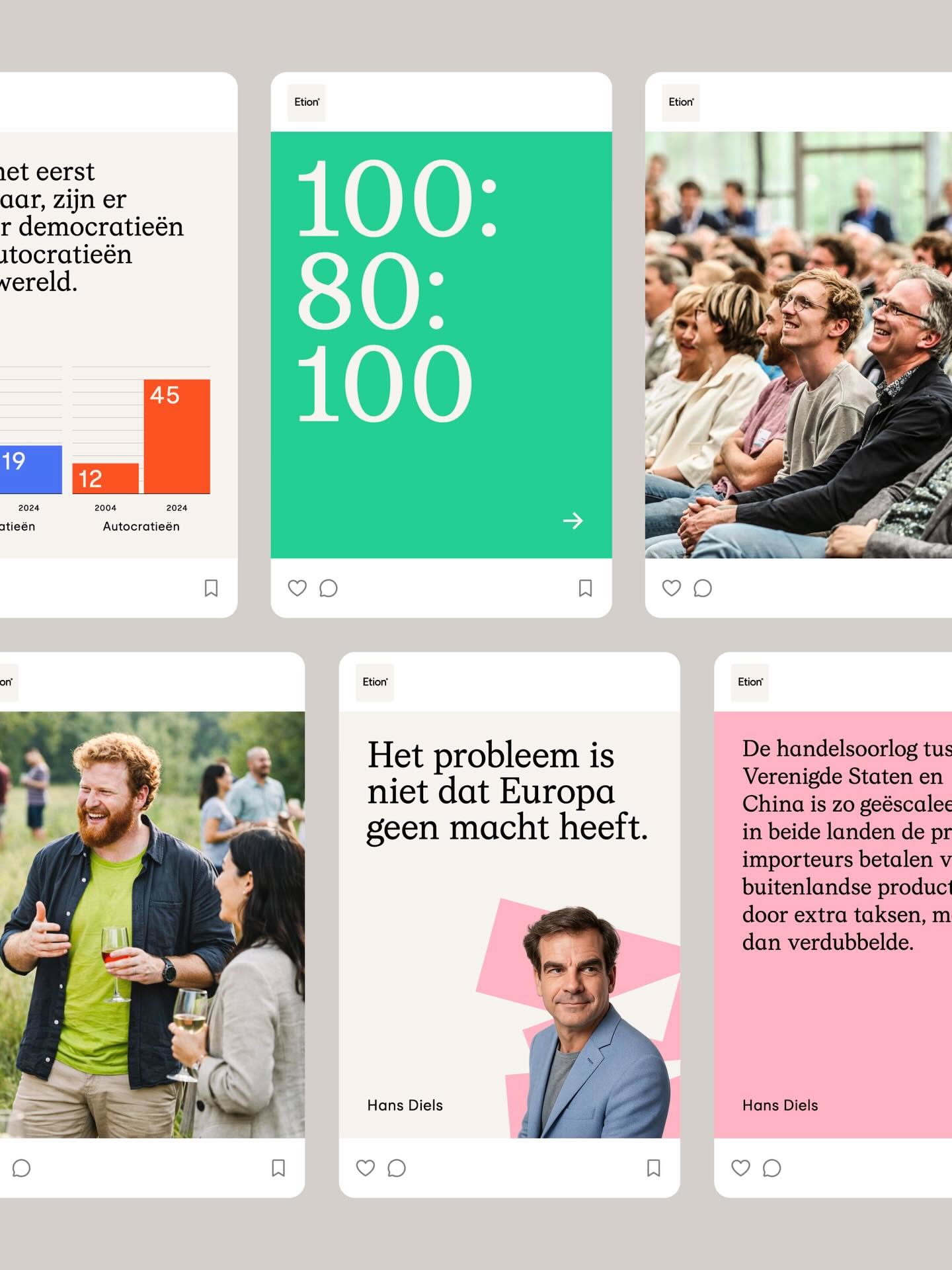 A modern social media feed layout showcasing a series of card-based posts with mixed content including statistics, photography, and typography-driven messaging. The design employs a clean, minimalist aesthetic with generous whitespace and a contemporary color palette that balances vibrant accent colors against neutral backgrounds.