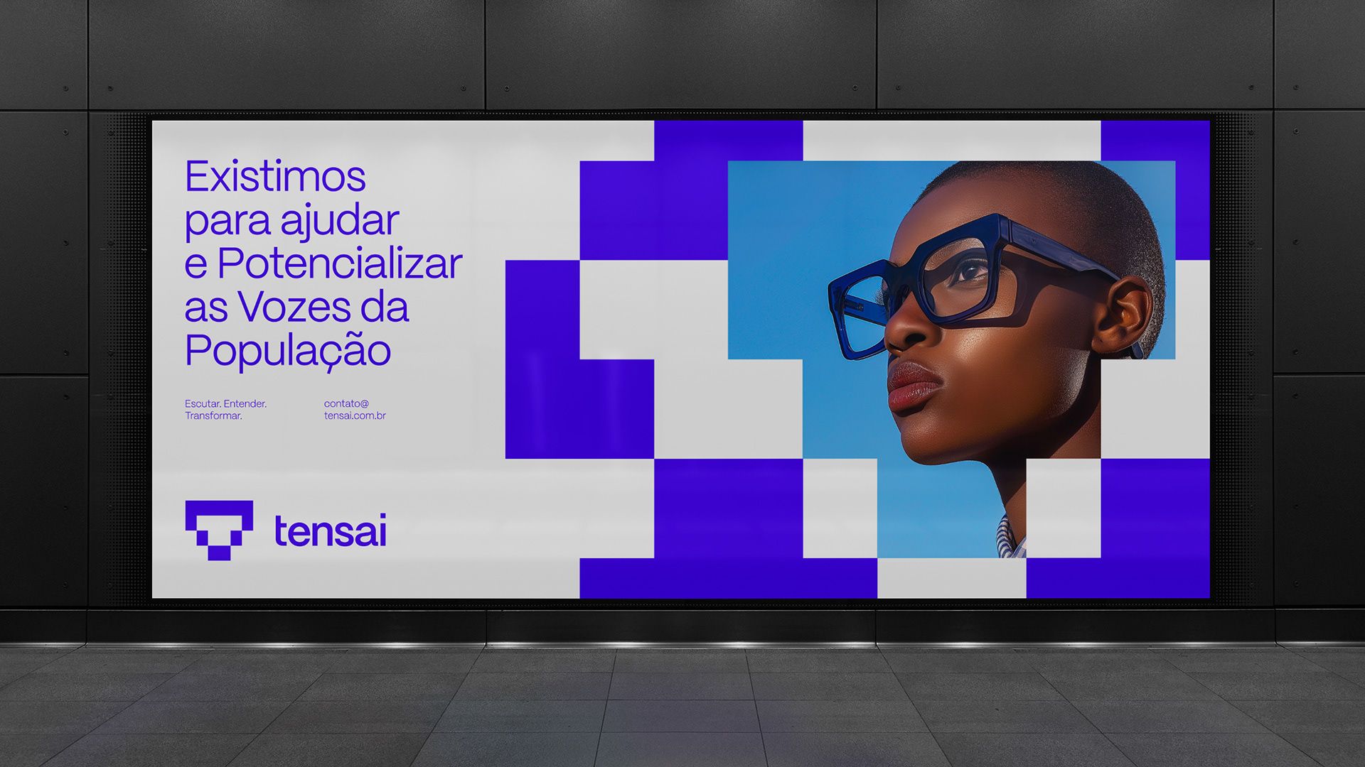 This design utilizes a clean, modern aesthetic characterized by strong geometric patterns and high contrast. The visual language is professional and impactful, effectively combining abstract shapes with a compelling portrait to convey a message of empowerment and social advocacy.