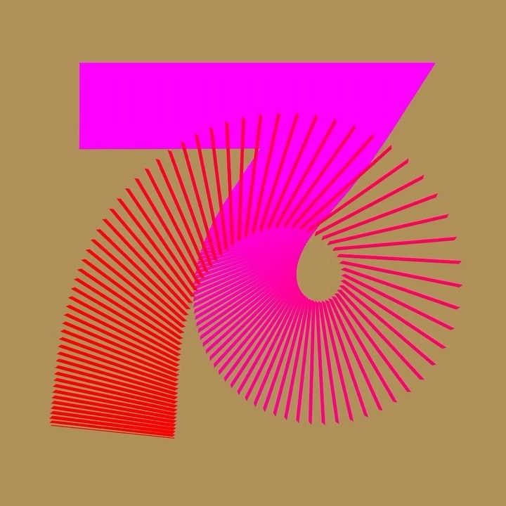 This design features a bold, abstract graphic mark composed of sharp, radiating lines forming a stylized letter or symbol. The use of vibrant pink and red against a muted beige background creates high contrast and a dynamic, energetic visual experience.