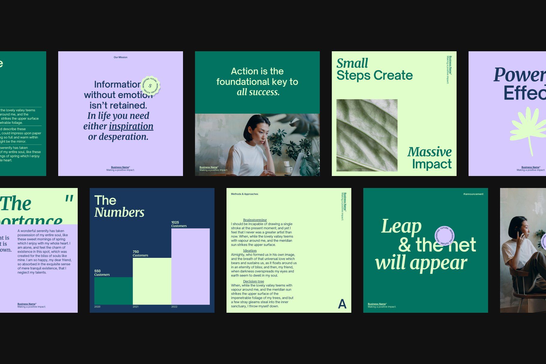 This presentation utilizes a bold, high-contrast visual language combining dark backgrounds with vibrant accent colors to convey professional ambition. The design employs clean, photographic imagery paired with minimalist typography to structure complex ideas clearly. The overall feel is modern, focused, and inspiring, suitable for corporate or coaching materials.