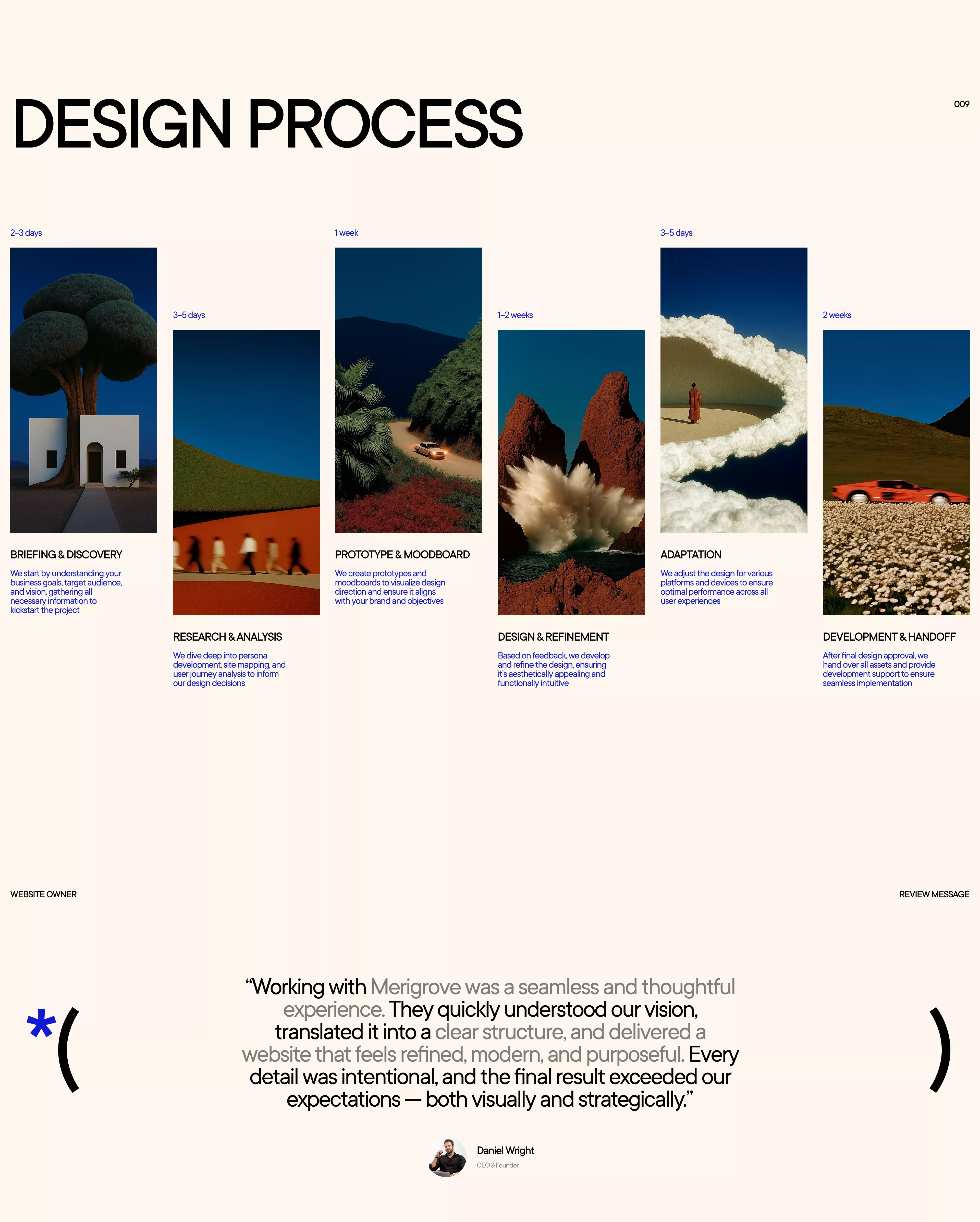 A clean, minimalist design process documentation layout featuring a horizontal timeline of six project phases with landscape photography and descriptive text. The design employs a structured grid system with ample whitespace, presenting a professional case study or portfolio piece that balances visual imagery with typographic hierarchy.
