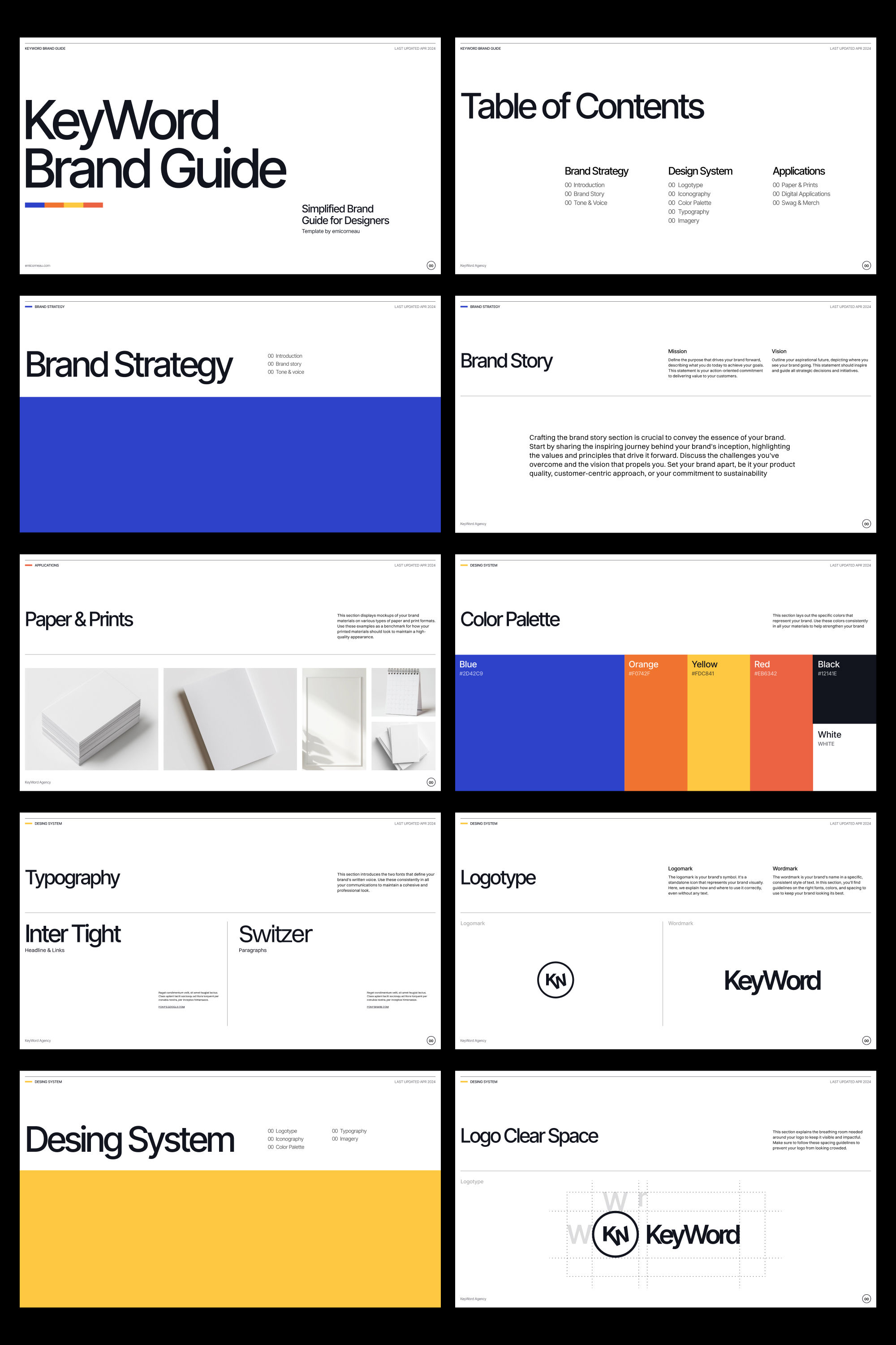 A comprehensive brand guide layout showcasing systematic design documentation with clean, minimalist aesthetics. The presentation demonstrates professional branding standards through organized sections covering strategy, visual identity, and design systems with consistent grid-based composition.