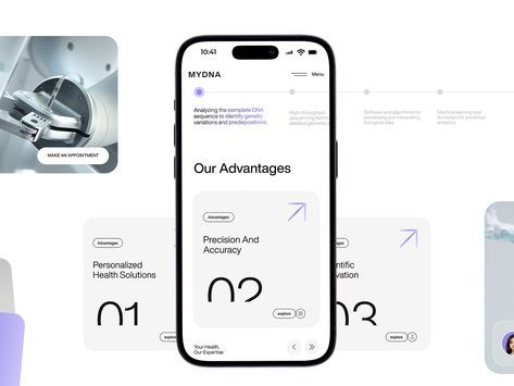 A modern mobile app interface showcasing a healthcare or wellness platform called MYDNA with a clean, minimalist design. The layout features numbered advantage cards with geometric elements and a sophisticated color scheme that balances professionalism with contemporary aesthetics.