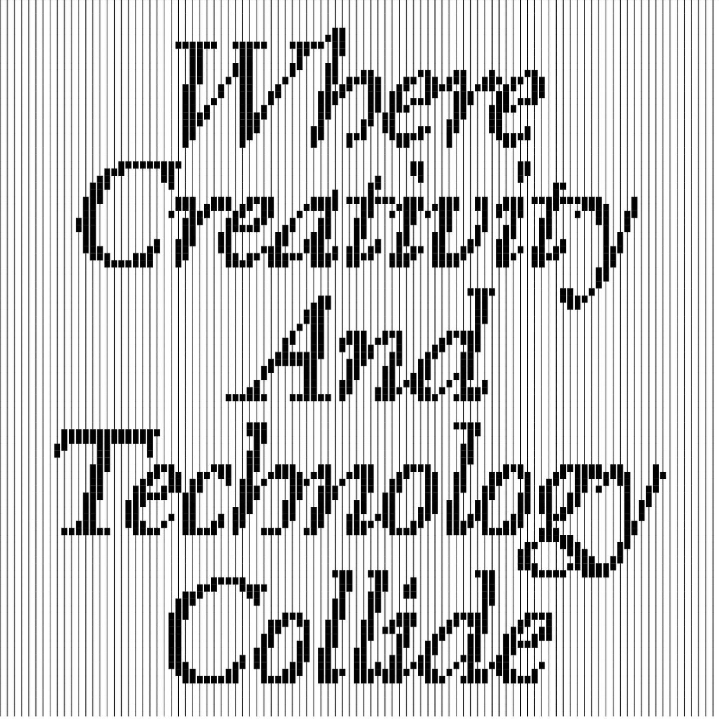 A minimalist, pixelated text design featuring a retro digital aesthetic with a handwritten-style italic typeface rendered in a blocky, low-resolution format. The composition uses a stark monochromatic palette against a fine vertical line pattern background, evoking early computer graphics and vintage digital culture.