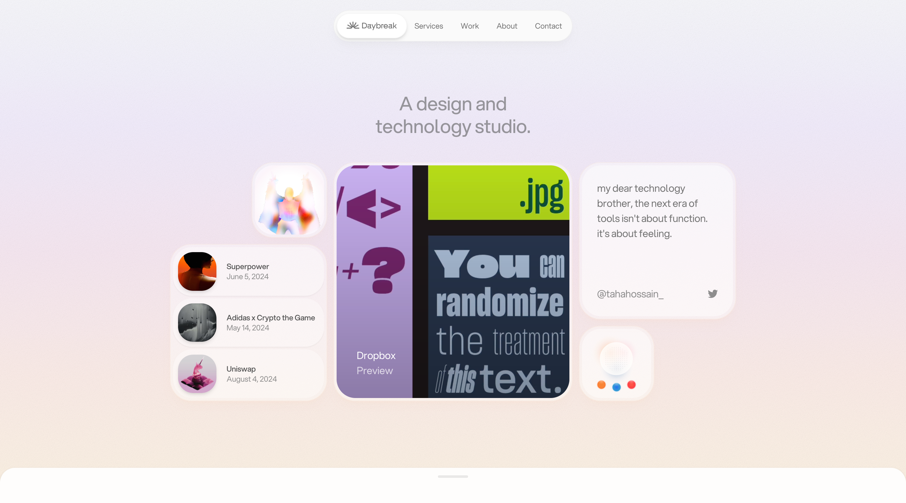 A minimalist portfolio website for a design and technology studio, featuring a clean layout with soft pastel backgrounds and a curated selection of project thumbnails. The design balances playful typography experiments with professional presentation, using a mix of colorful project cards and subtle navigation elements.