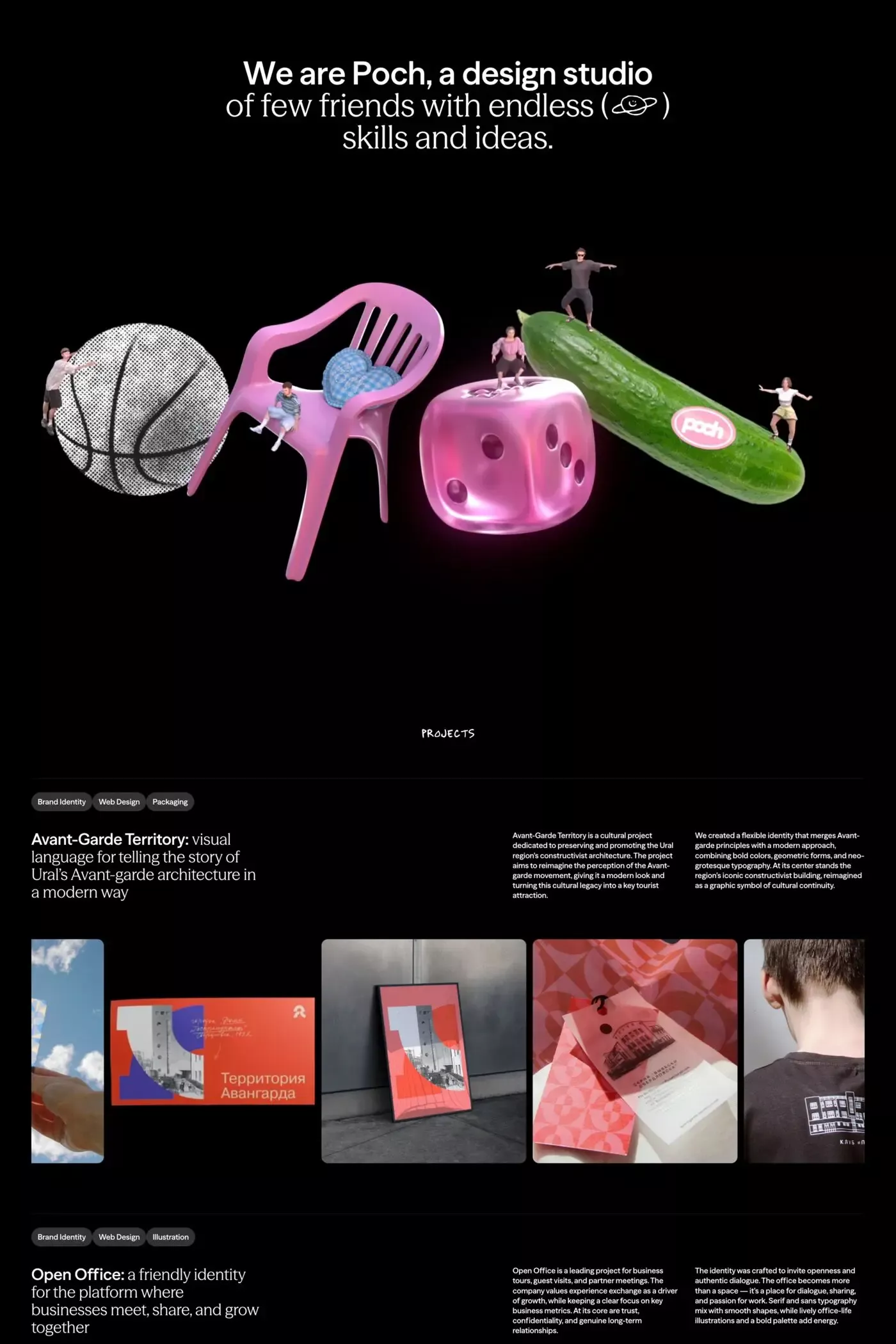 The image presents a dark, minimalist composition featuring playful yet sophisticated design elements—a pink chair, a marble, and a green pickle—suggesting a creative studio identity. The visual language balances organic shapes with smooth, modern forms against a stark black background.