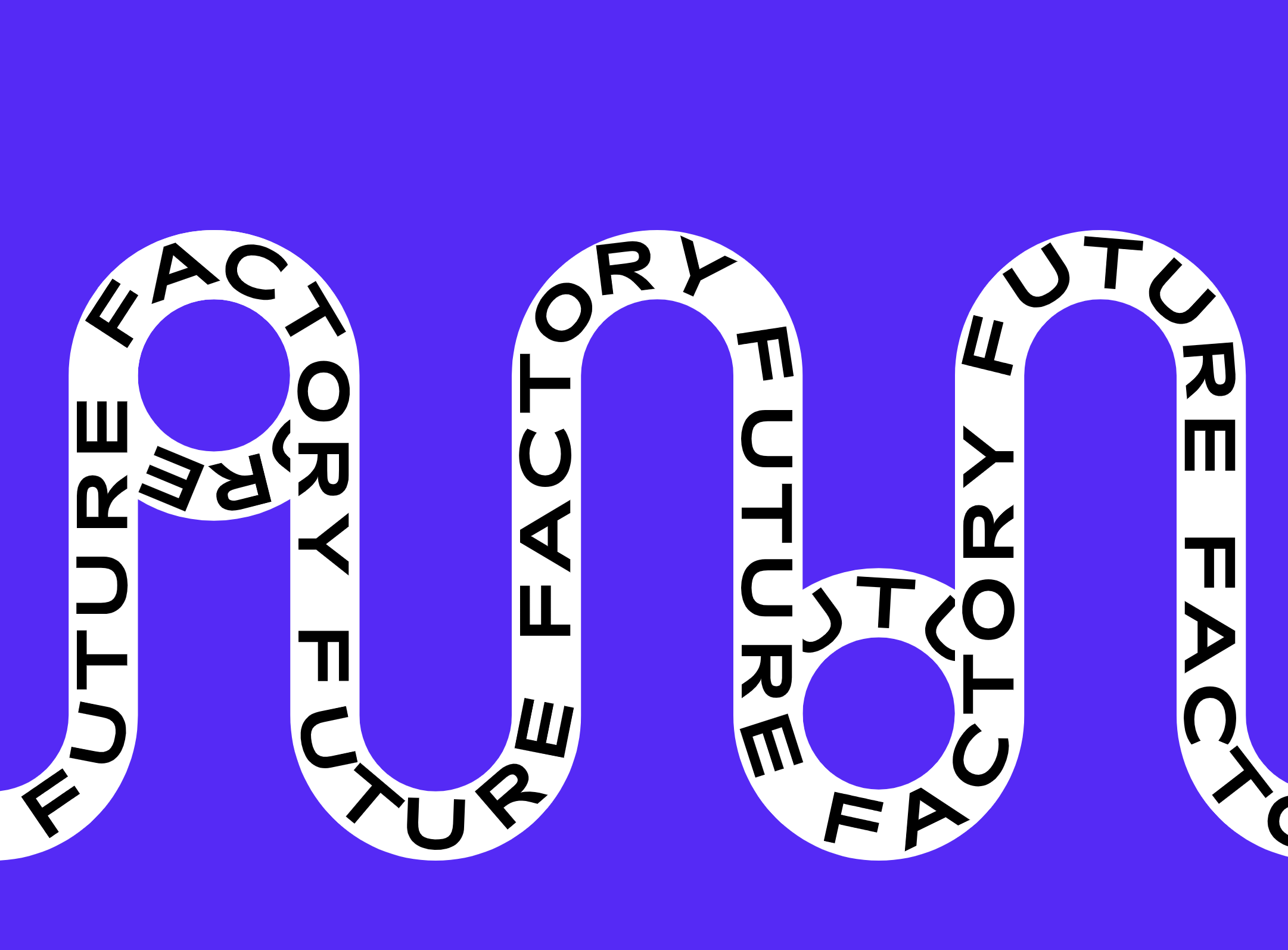 A bold, contemporary typographic design featuring large rounded letterforms arranged in a circular, ribbon-like pattern against a vibrant purple background. The text wraps around itself creating an optical, kinetic quality that emphasizes the message through form and spatial play.