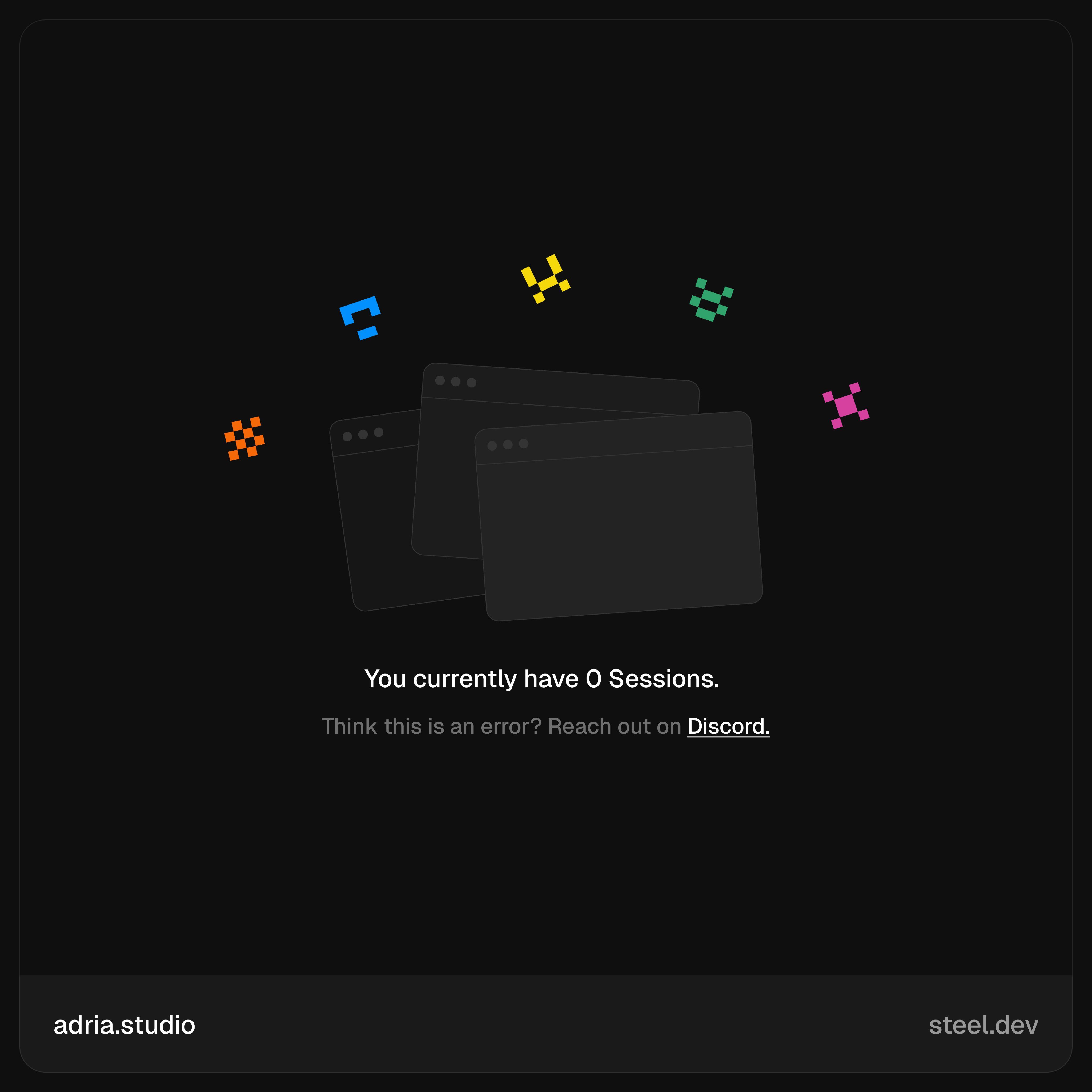 This design employs a dark mode aesthetic characterized by high contrast and minimalist geometric elements. The visual language is technical and clean, using small, brightly colored icons to guide the user's attention toward a straightforward error message. The overall feel is sterile yet intriguing, typical of modern software interfaces.