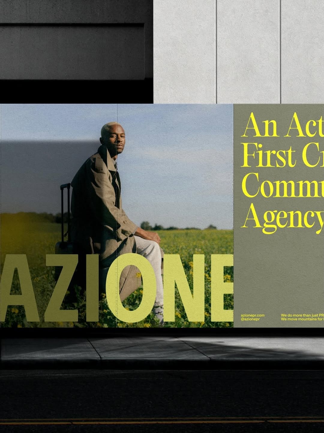 A contemporary design poster featuring bold typography and a striking color contrast between muted earth tones and vibrant yellow-green. The layout combines a candid photograph of a man in business attire seated in a natural landscape with large, overlapping sans-serif text that creates visual tension and modern sophistication.
