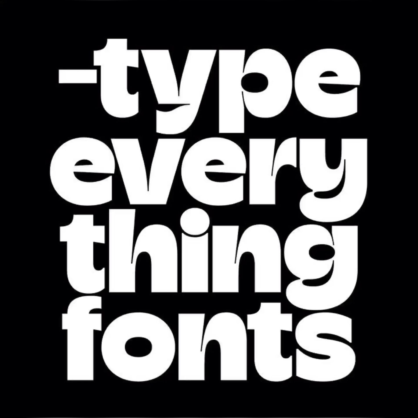 This is a stark, high-contrast typographic design featuring the phrase 'type every thing fonts' rendered in a bold, sans-serif typeface. The design relies purely on the interplay between white text and a black background to create a clean, impactful statement.