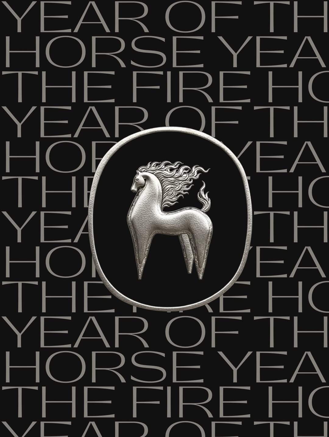 This is a striking, monochromatic design featuring a detailed silhouette of a horse's head and neck enclosed within a circular frame. The visual language is stark, relying on high contrast between the silver-toned graphic and the dark background to create a sense of classic, perhaps commemorative, elegance.