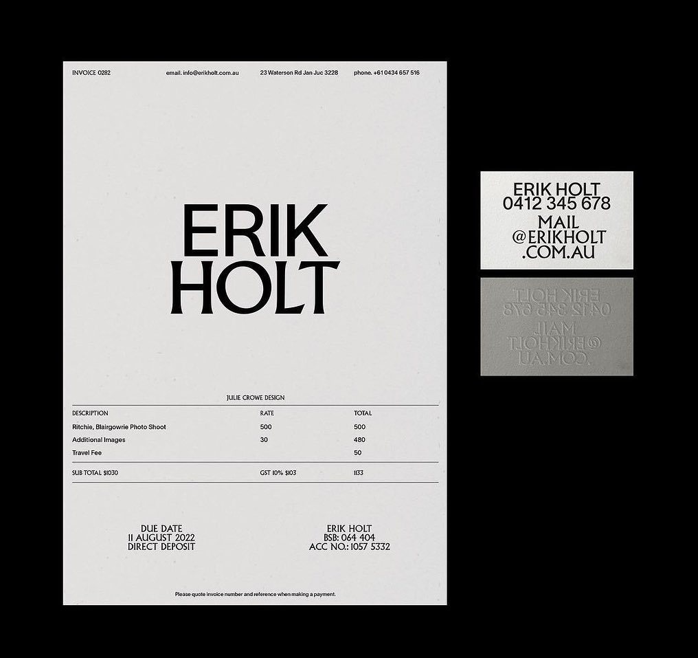 The design is minimalist and professional, utilizing a stark black and white palette to convey a sense of formality and clarity. The layout is clean, relying heavily on negative space to separate information clearly.