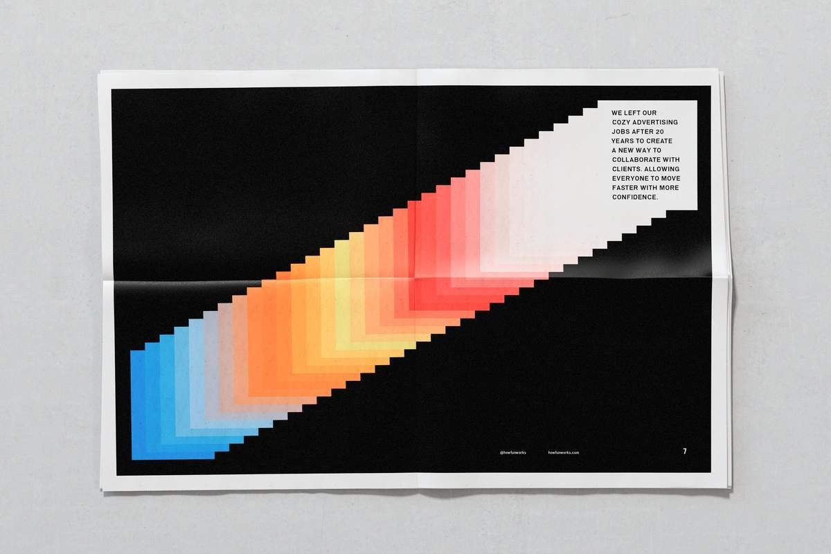 A sophisticated data visualization poster featuring a pixelated gradient flow that transitions from cool blues through warm oranges and reds to pale whites. The design employs a minimalist aesthetic with stark black backgrounds and geometric precision, creating a modern, technical visual language that suggests information design or scientific visualization.