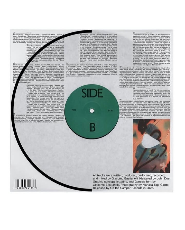 This design blends structured graphic layout with vintage textual elements and photographic imagery, creating a segmented, introspective visual narrative. The use of circular divisions and contrasting textures gives the piece an organized yet moody aesthetic.