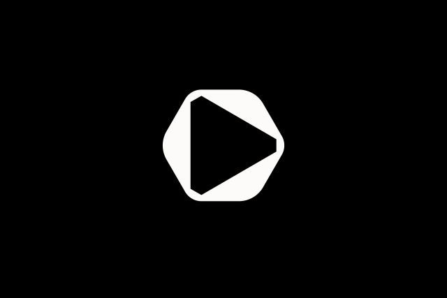 This is a minimalist icon featuring a play button shape, rendered in stark white against a pure black background. The design is clean, modern, and highly functional, relying on negative space and simple geometric forms to convey a clear action.