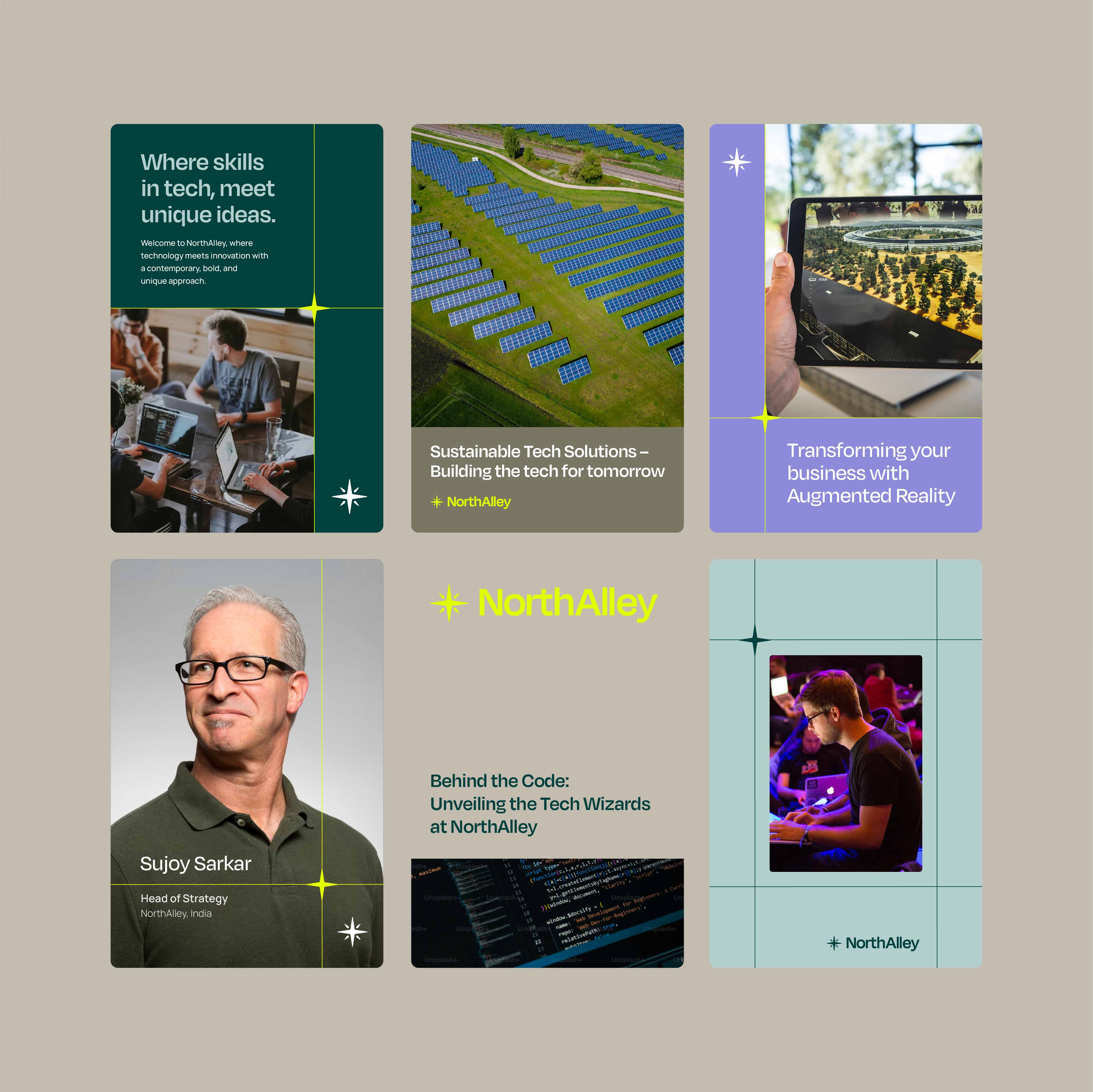 This is a highly structured and modular visual presentation designed to showcase technical expertise and services. The design employs clean lines, soft gradients of teal and green, and high-contrast photography to create a professional and innovative feel.