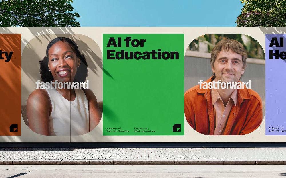 This is a clean, modern, and professional display panel featuring three distinct vertical panels promoting AI for Education. The design uses a strong grid structure with contrasting colors and high-quality photography to convey innovation and accessibility.